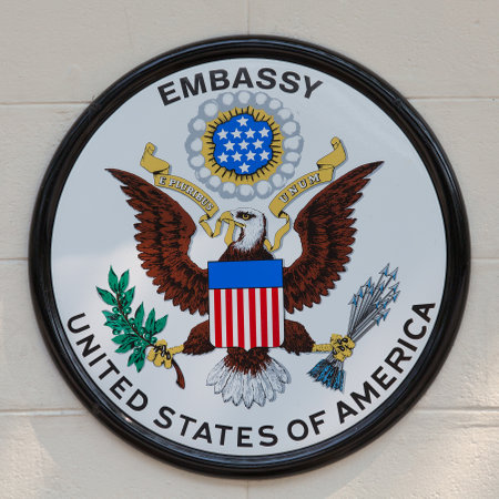 BANGKOK,THAILAND - JANUARY 8, 2015: The USA embassy sign. The embassy is located on Wireless Road in...