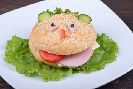 Fun food for kids - hamburger looks like a funny muzzleの写真素材