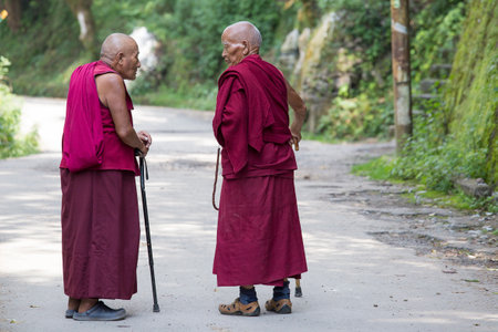 DHARAMSALA, INDIA - SEPTEMBER 20 2014: Two old unidentified Tibetan Buddhist monk in the Dharamsala near Dalai Lama's residence.のeditorial素材