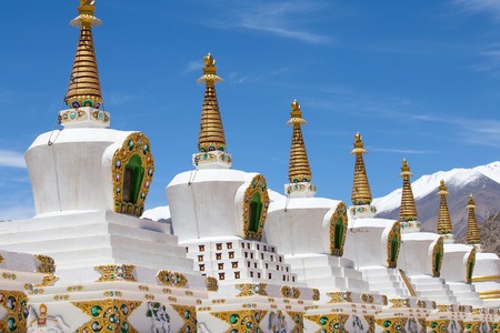 Tibetan White Pagodas with Blue Sky, Thiksey Monastery, in Leh - Ladakh, North of Indiaの写真素材
