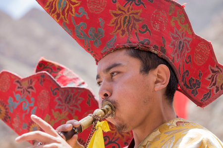 HEMIS, INDIA - JUNE 26, 2015 : Unidentified tibetan buddhist monk during Hemis Festival at Ladakh, North Indiaのeditorial素材