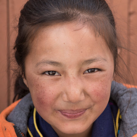HEMIS, INDIA - JUNE 27, 2015 : Unidentified tibetan buddhist young girl during Hemis Festival at Ladakh, North Indiaのeditorial素材