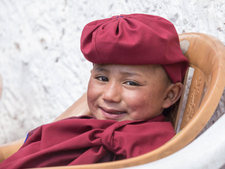 HEMIS, INDIA - JUNE 27, 2015 : Unidentified buddhist young monk during Hemis Festival at Ladakh, North Indiaのeditorial素材