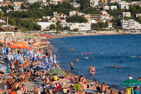 SUTOMORE, MONTENEGRO - SEPTEMBER 07, 2015:  Unidentified people are relaxing on the beach. Montenegro is one of the most attractive destinations for touristsのeditorial素材