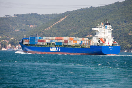 ISTANBUL, TURKEY - JULY 29, 2015 : Cargo ship and water Bosphorus strait in Istanbul, Turkeyのeditorial素材