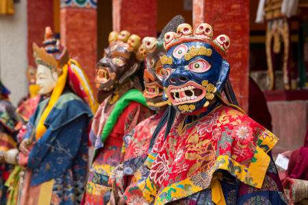 LAMAYURU, INDIA - JUNE 13, 2015: An unidentified buddhist lamas dressed in mystical mask dancing Tsam mystery dance in time of Yuru Kabgyat Buddhist festival at Lamayuru Gompa, Ladakh, North Indiaのeditorial素材
