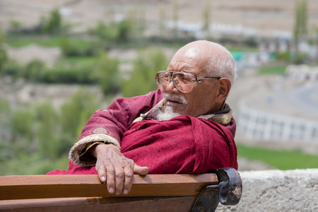 LAMAYURU, INDIA - JUNE 13, 2015: Unidentified buddhist monk during mystical mask dancing Tsam mystery dance in time of Yuru Kabgyat Buddhist festival at Lamayuru Gompa, Ladakh, North Indiaのeditorial素材