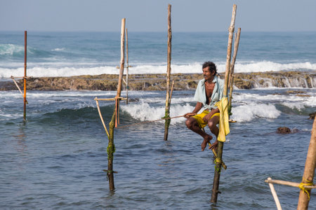 KOGGALA, SRI LANKA - NOVEMBER 9, 2014: Unidentified local fishermen are fishing in unique style. This type of fishing is traditional for South Sri Lanka in Indian ocean.のeditorial素材