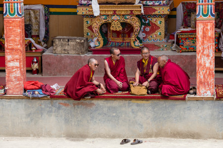 LAMAYURU, INDIA - JUNE 13, 2015: Unidentified buddhist monk during mystical mask dancing Tsam mystery dance in time of Yuru Kabgyat Buddhist festival at Lamayuru Gompa, Ladakh, North Indiaのeditorial素材