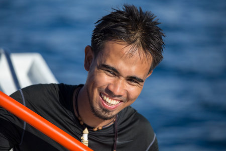 EL NIDO, PHILIPPINES - FEBRUARY 03, 2014: Portrait of a boatman who runs a boat with tourists. El Nido is one of the top tourist destinations in the world.のeditorial素材
