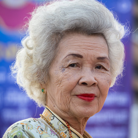 BANGKOK, THAILAND - FEBRUARY 09, 2016 : Unknown Thai old woman during the celebration of Chinese New Year and Valentine's Day in Yaowarat street, Chinatownのeditorial素材