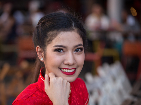 BANGKOK, THAILAND - FEBRUARY 06, 2016 : Unknown Thai girl takes part in a beauty contest during the Chinese New Year celebrationのeditorial素材