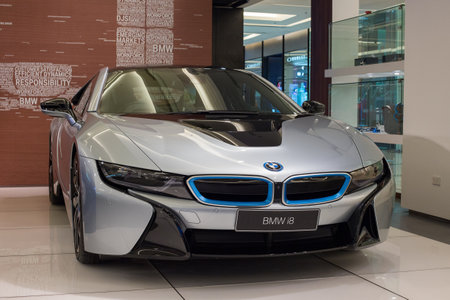 BANGKOK, THAILAND - JANUARY 07, 2016 : BMW i8 car on display at the Siam Paragon Mall in Bangkok. With 300,000 sqm of retail space Siam Paragon is one of the world's largest malls.のeditorial素材