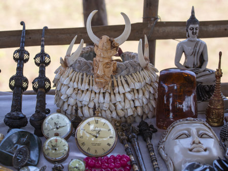 INLE LAKE, MYANMAR - JANUARY 12, 2016: Hat - crown of the teeth of animals and others hand-made...