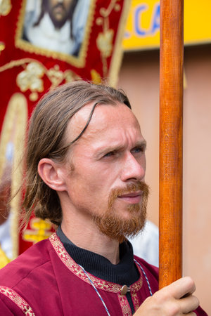 KIEV, UKRAINE - JULY 27, 2016 : Parishioners Ukrainian Orthodox Church Moscow Patriarchate during religious procession. At present there is undeclared war of Kiev Patriarchate and Moscow Patriarchateのeditorial素材