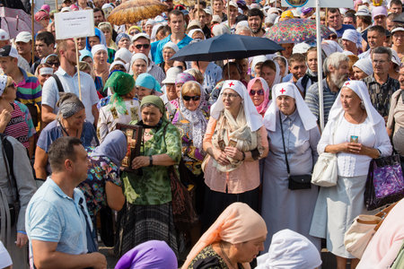 KIEV, UKRAINE - JULY 27, 2016 : Parishioners Ukrainian Orthodox Church Moscow Patriarchate during religious procession. At present there is undeclared war of Kiev Patriarchate and Moscow Patriarchateのeditorial素材