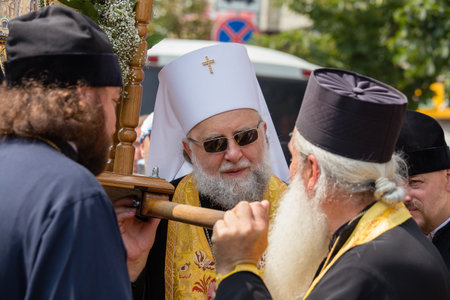 KIEV, UKRAINE - JULY 27, 2016 : Parishioners Ukrainian Orthodox Church Moscow Patriarchate during religious procession. At present there is undeclared war of Kiev Patriarchate and Moscow Patriarchateのeditorial素材