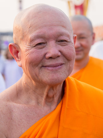 BANGKOK,THAILAND - FEBRUARY 22, 2016: Venerable Dhattajeevo Bhikku , Thai monk during Buddhist ceremony Magha Puja Day in Wat Phra Dhammakayaのeditorial素材