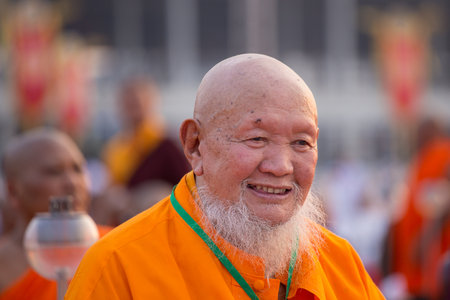 BANGKOK,THAILAND - FEBRUARY 22, 2016: Unidentified Thai monks during Buddhist ceremony Magha Puja Day in Wat Phra Dhammakayaのeditorial素材