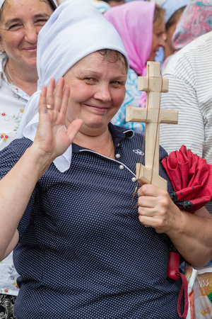KIEV, UKRAINE - JULY 27, 2016 : Parishioners Ukrainian Orthodox Church Moscow Patriarchate during religious procession. At present there is undeclared war of Kiev Patriarchate and Moscow Patriarchateのeditorial素材