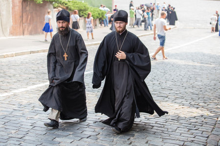 KIEV, UKRAINE - JULY 27, 2016 : Parishioners Ukrainian Orthodox Church Moscow Patriarchate during religious procession. At present there is undeclared war of Kiev Patriarchate and Moscow Patriarchateのeditorial素材