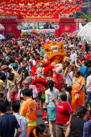 BANGKOK, THAILAND - FEBRUARY 08, 2016 : A crowd of people roams the street of Yaowarat during the celebration of Chinese New Year and Valentine's Day. Yaowarat is a Chinatown situated in Bangkok.のeditorial素材