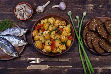 Vegetable stew with tomato and potato in plate, close upの写真素材