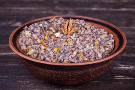 Bowl with kutia - traditional Christmas sweet meal in Ukraine, Belarus and Russia. Close upの写真素材