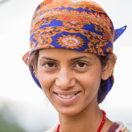 POKHARA, NEPAL - OCTOBER 05, 2016 : Portrait nepalese woman in traditional dress on the street Pokhara, Nepalのeditorial素材