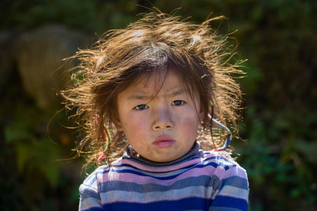 HIMALAYAS, ANNAPURNA REGION, NEPAL - OCTOBER 14, 2016 : Portrait nepalese child on the street in Himalayan village, Nepalのeditorial素材