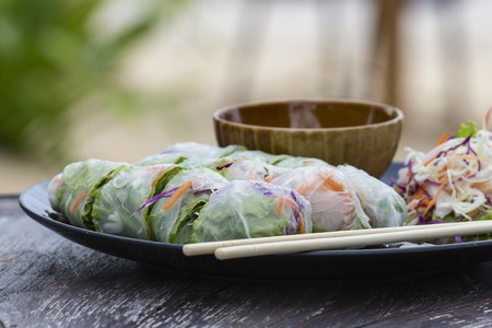 Fresh vietnamese spring rolls on a plate with salad