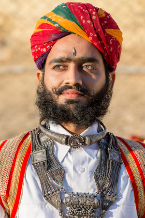 JAISALMER, INDIA - FEBRUARY 08, 2017 : Unidentified men wearing traditional Rajasthani dress...