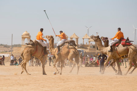 JAISALMER, INDIA - FEBRUARY 09, 2017 : Unidentified men play camel polo at Desert Festival in Jaisalmer, Rajasthan, India. Main purpose of Festival is to display colorful culture of Rajasthanのeditorial素材