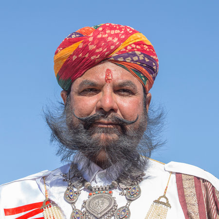 JAISALMER, INDIA - FEBRUARY 09 2017 : Unidentified men wearing traditional Rajasthani dress participate in Mr. Desert contest as part of Desert Festival in Jaisalmer, Rajasthan, India. Close upのeditorial素材