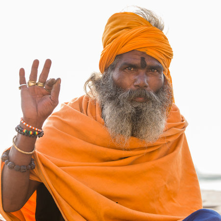 VARANASI, INDIA - JANUARY 25, 2017 : Portrait of Shaiva sadhu, holy man on the ghats of the Ganges river in Varanasi, India . Close upのeditorial素材