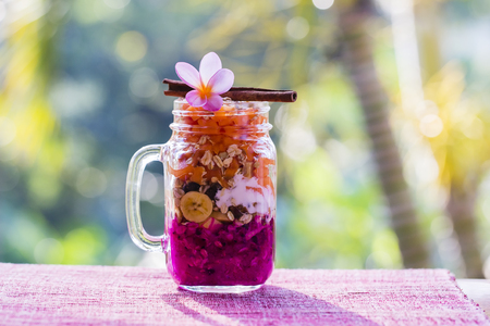 Muesli made from papaya, avocado, dragon fruit, banana and dressed with yogurt. Island Bali, Ubud, Indonesiaの写真素材