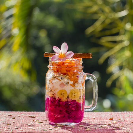 Muesli made from papaya, avocado, dragon fruit, banana and dressed with yogurt. Island Bali, Ubud, Indonesiaの写真素材