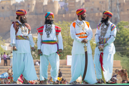 JAISALMER, INDIA - FEBRUARY 08, 2017 : Unidentified men wearing traditional Rajasthani dress participate in Mr. Desert contest as part of Desert Festival in Jaisalmer, Rajasthan, India. Close upのeditorial素材