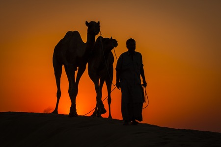 Silhouette of man and two camels at colorful sunset in Thar desert near Jaisalmer, Rajasthan, Indiaの写真素材