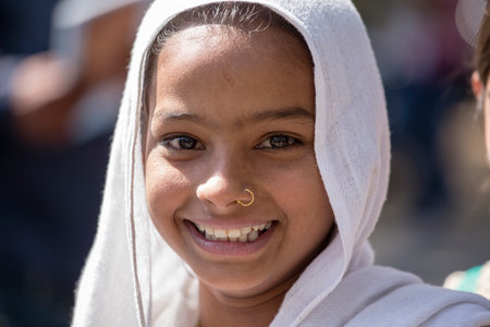 ELLORA, INDIA - FEBRUARY 01, 2017 : Unidentified portrait Indian girl, who visited the Ellora cave, State of Maharashtra, Indiaのeditorial素材