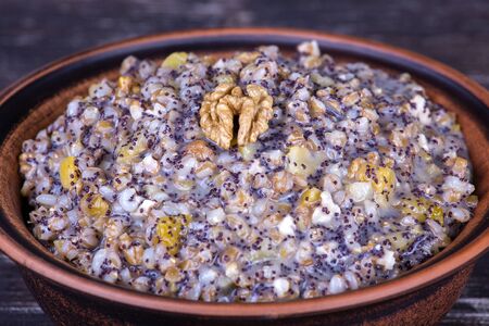 Bowl with kutia - traditional Christmas sweet meal in Ukraine, Belarus and Russia. Close upの写真素材