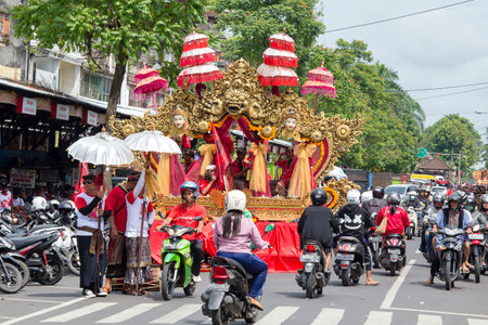 GIANYAR, BALI, INDONESIA - JANUARY 08, 2018 : Barong figure and unknown Balinese people, participates in street ceremony, during a pre-election rally the Indonesian Democratic Party of Struggleのeditorial素材
