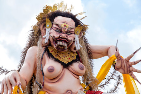 UBUD, BALI, INDONESIA - MARCH 20, 2015 : Impresive hand made structure, Ogoh-ogoh statue built for the Ngrupuk parade, which takes place on the even of Nyepi day in Bali island, Indonesia, close upのeditorial素材
