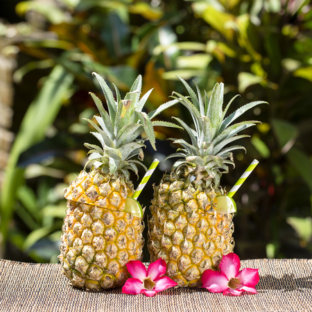 Pina colada cocktail in fresh two pineapples in tropical garden, close up. Island Bali, Indonesiaの写真素材