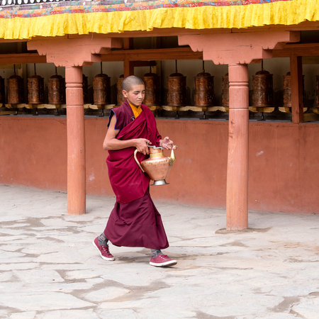LADAKH, INDIA - JUNE 26, 2015 : Unidentified buddhist young monk during Hemis Festival at Ladakh, North Indiaのeditorial素材