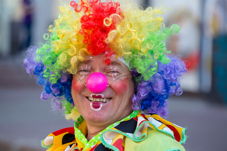 KIEV, UKIEV, UKRAINE - MAY 05, 2018 : Ethno-fest : traditions - emotions - life. Portrait of an multi-colored clown on the street of Kiev, Ukraineのeditorial素材