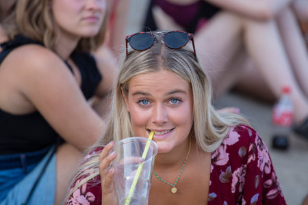 BUDAPEST, HUNGARY - AUGUST 15, 2017 : Unknown girl is a participants of music festival Sziget. Sziget Festival, the Island of Freedom, has ended with the total number of 452.000 Citizensのeditorial素材
