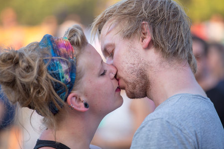 BUDAPEST, HUNGARY - AUGUST 15, 2017 : Unknown girls and guys is a participants of music festival Sziget. Sziget Festival, the Island of Freedom, has ended with the total number of 452.000 Citizensのeditorial素材