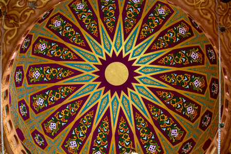 View of ceiling and decorations of mosques dome in Sharm El Sheikh, South Sinai, Egypt. Al Sahaba...