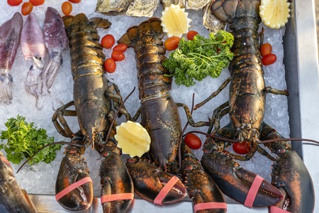 Sea fresh lobster at street market in Thailand. Seafood concept. Raw lobster for cooking, close up